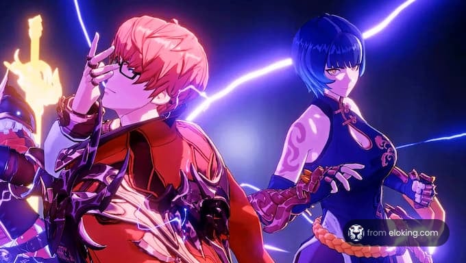 A dynamic fantasy fight scene featuring two characters with vibrant powers.