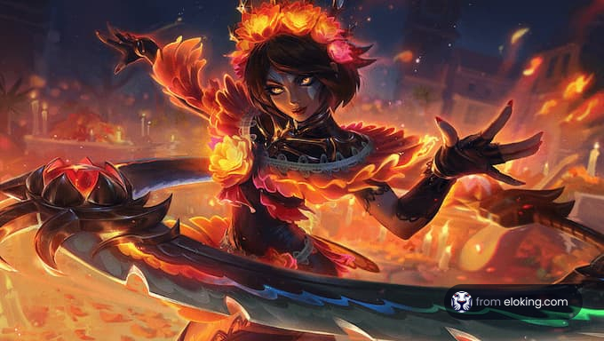 Fantasy artwork of a fire dancer casting flames with festive background