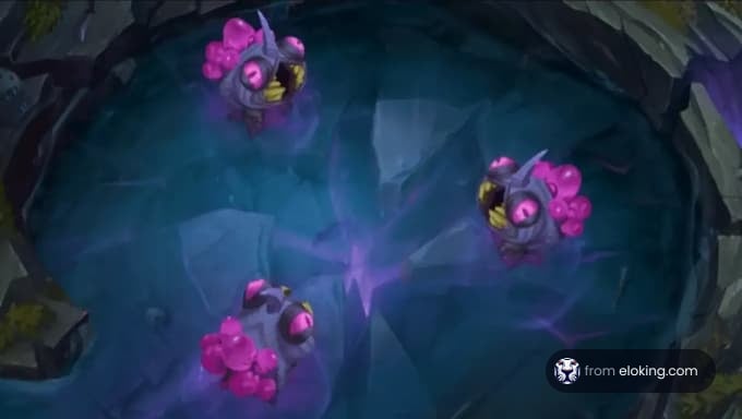 Three fantasy fish in a mystical pond with pink features.