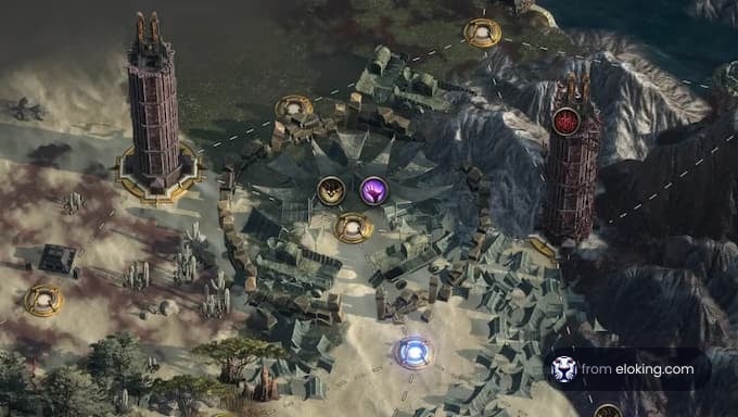 A detailed view of a fantasy game map with mystical towers and symbols.