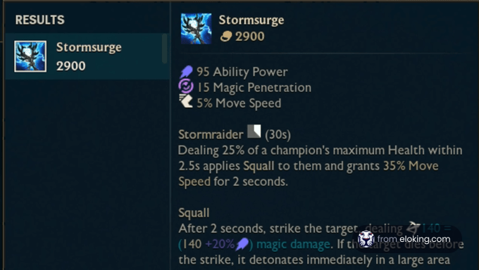 Screenshot of the 'Stormsurge' item in a fantasy game showing stats and abilities