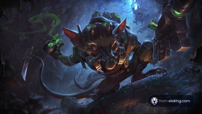 Fantasy goblin warrior with magical green flames in a dark forest