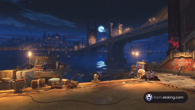 Fantasy harbor scene at night with a full moon and an ornate bridge