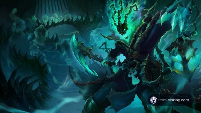 A fantasy hero wielding a scythe in a dark underwater scene.