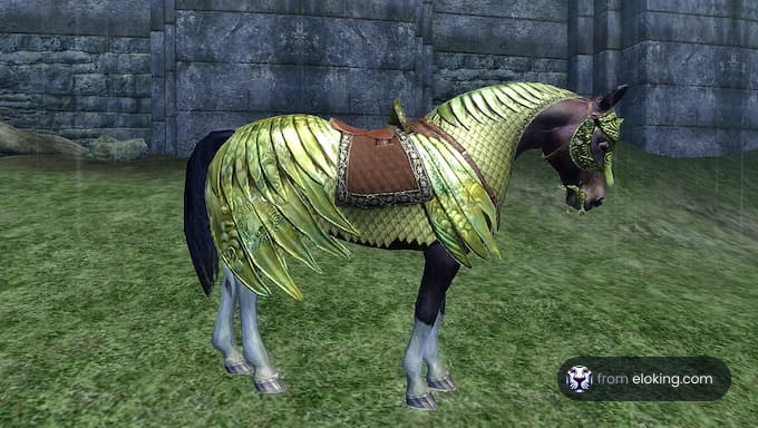 A fantasy horse adorned with green wings and a saddle