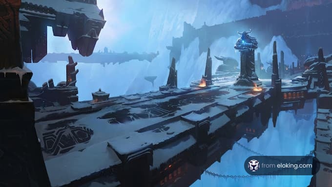 Mystical frozen temple with blue warrior statue and glowing lanterns in a snowy landscape