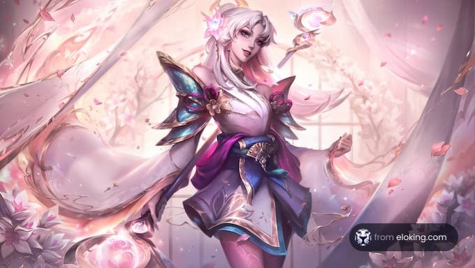 A magical figure surrounded by cherry blossoms.