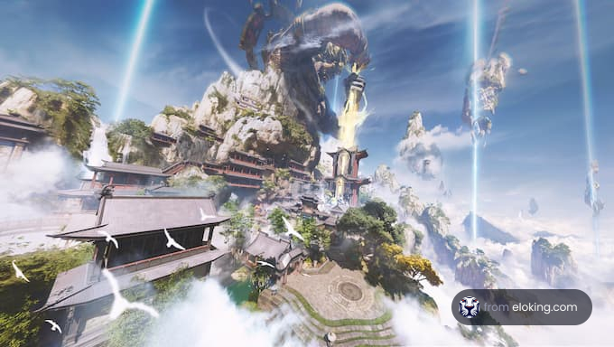 A stunning fantasy landscape with floating islands and traditional architecture.