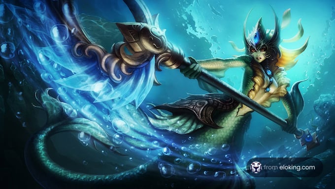 Fantasy mermaid warrior wielding a blue glowing trident in underwater scene