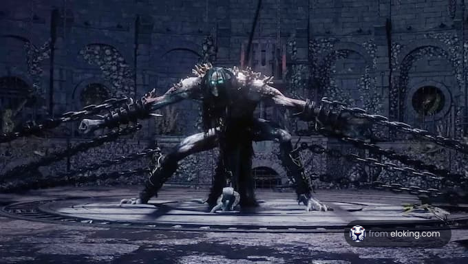 A fantasy monster in a battle scene with chains and a dark atmosphere.