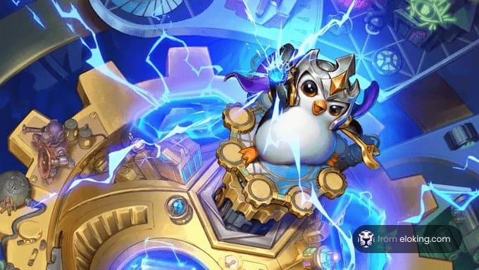 A whimsical owl operating a time machine surrounded by magical artifacts