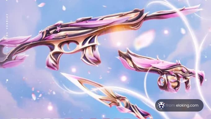 Elegant fantasy rifle with pink and golden design against a magical background