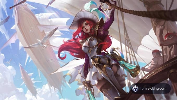 A vibrant fantasy pirate character standing on a ship with a lively sea backdrop.