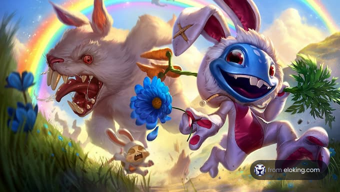 Fantasy image of joyful rabbits near a rainbow