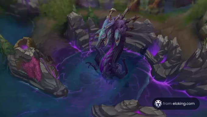 A mythical sea creature emerging from a mystical purple lake