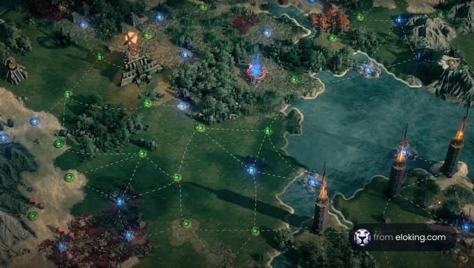 A detailed map of a fantasy strategy game featuring various terrains and structures.