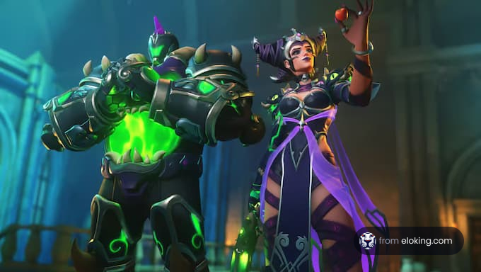 Two fantasy characters in a video game, one with green glowing armor, the other wielding a magic orb