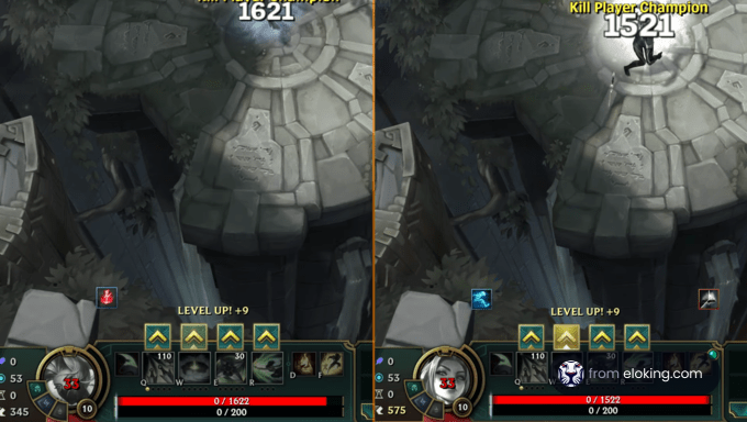 Split screen view of a fantasy video game interface showing different player statistics