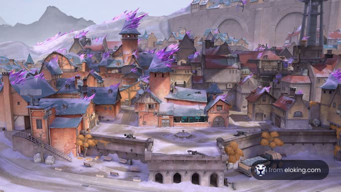 A beautiful fantasy village with colorful houses and magical features.