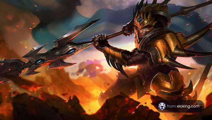 Fantasy warrior charging into battle with a spear on a fiery battlefield