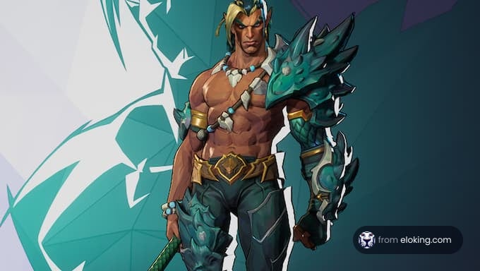 A fantasy warrior character with unique armor and a confident pose.
