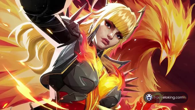A powerful fantasy warrior with fiery armor and a majestic phoenix in the background.