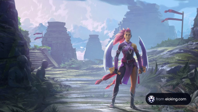 Fantasy warrior with purple attire and wings standing in ancient ruins