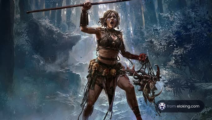 A fierce warrior in a mystical forest setting, brandishing a spear.
