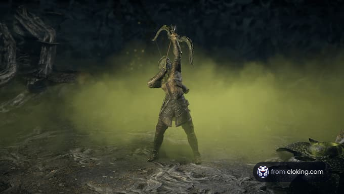 A fantasy warrior in a mysterious environment.