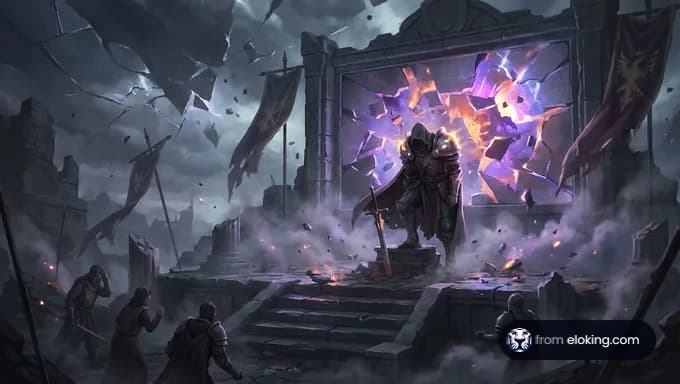 Ein m&auml;chtiger Krieger steht vor einem magischen Portal, umgeben von Chaos.