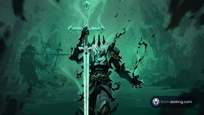 A fantasy warrior wielding a sword in a mystical background.