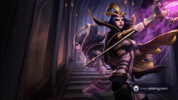 Fantasy warrior woman wielding magic in a grand staircase