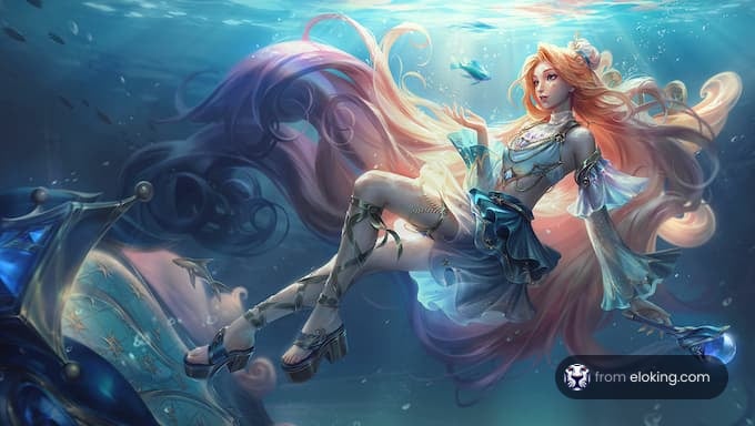 Fantasy female warrior floating in a magical underwater setting