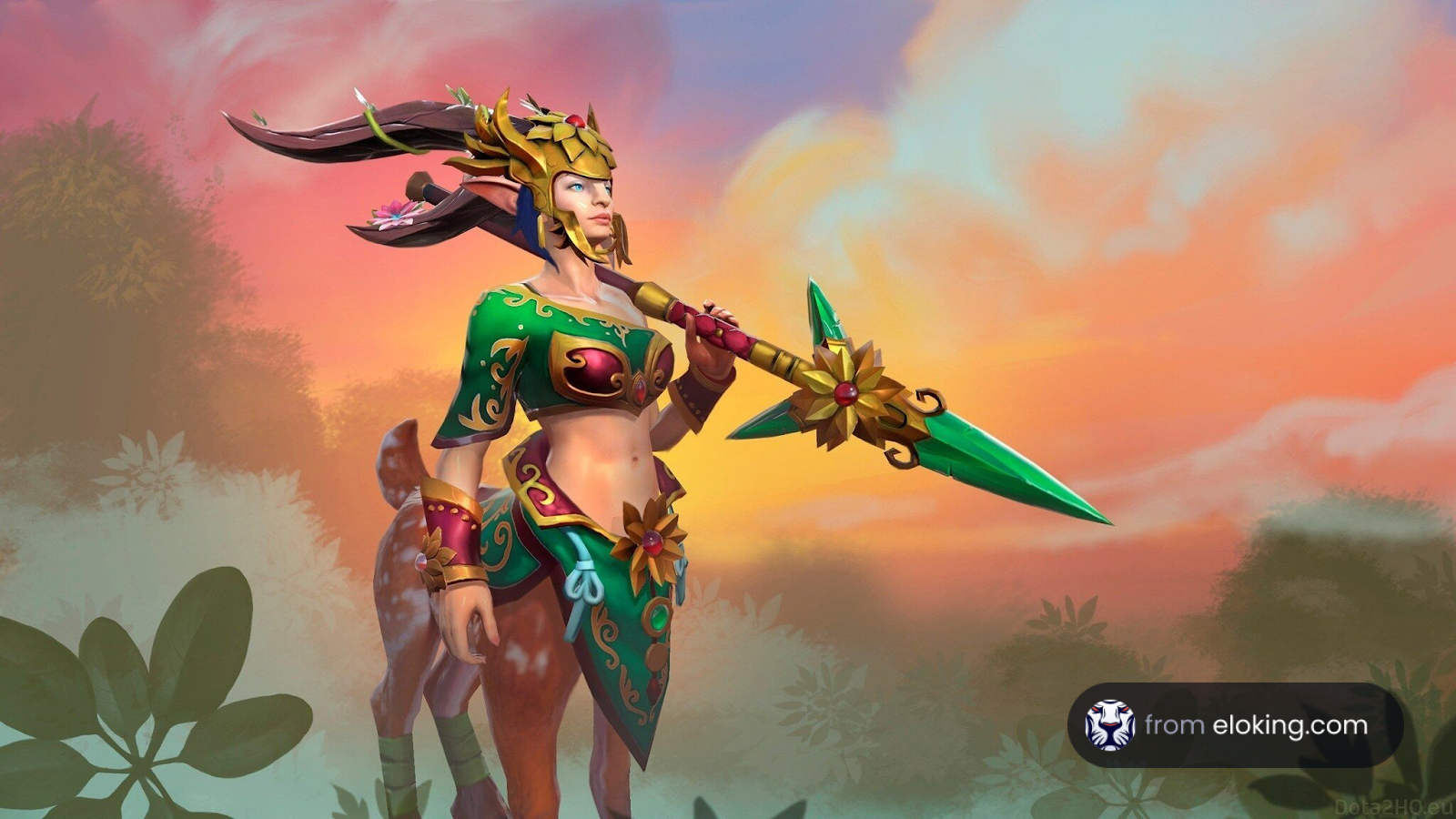 Fantasy warrior woman wielding a spear and wearing an ornate helmet