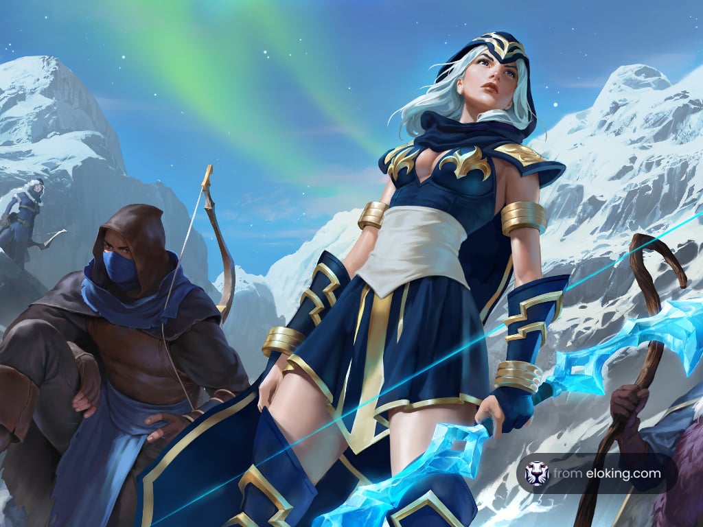 Fantasy female warrior with a male archer on a snowy mountain under auroras