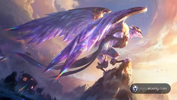 A majestic winged creature with colorful wings standing on a mountain.