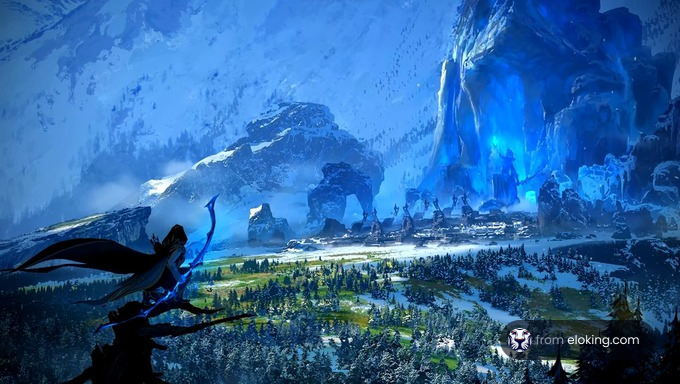 Animated character overlooking a majestic snowy landscape with mountains and a village