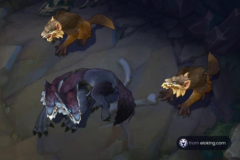 Three mystical wolves in a shadowy forest