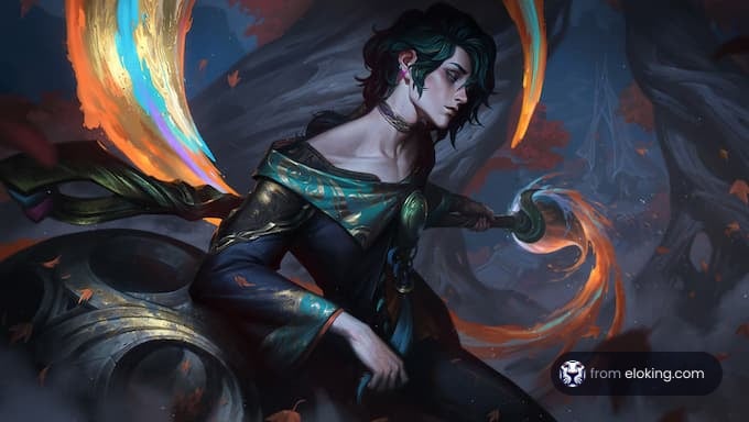 Fantasy woman casting a spell with colorful magic effects