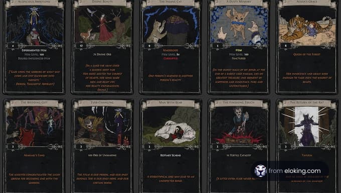 A collection of fantasy game cards featuring various characters and descriptions.