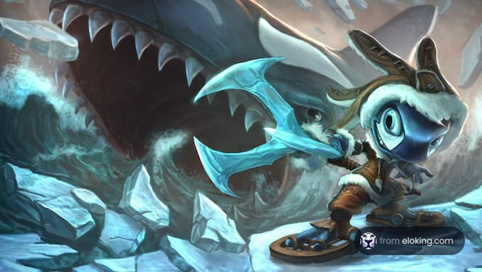 A fantasy character fights a large shark in an icy landscape.