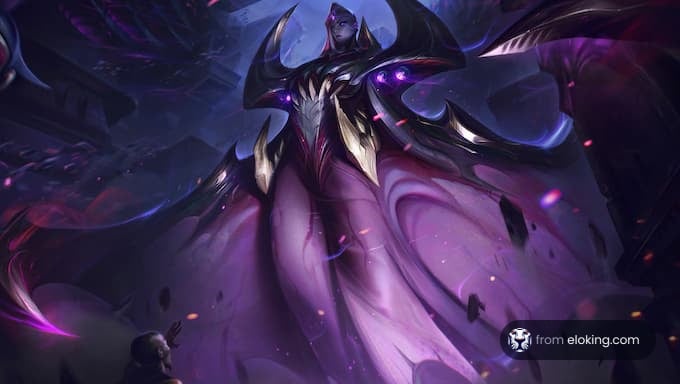 A fantasy character in a majestic purple outfit with an elegant design.