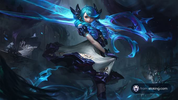 A fantasy character wielding blue weapons in an enchanting landscape.