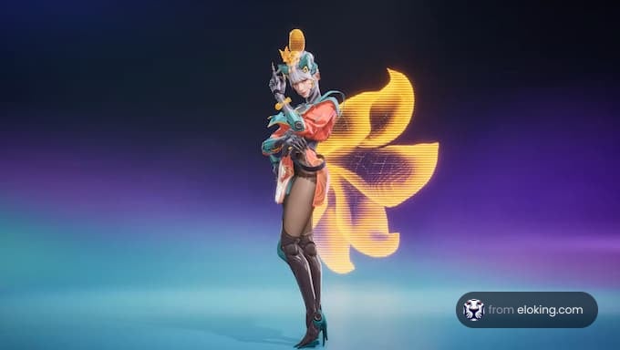 A fantasy character with colorful flower wings.