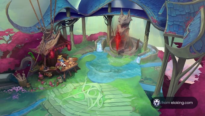 A vibrant fantasy game environment with a shop and a mystical statue.