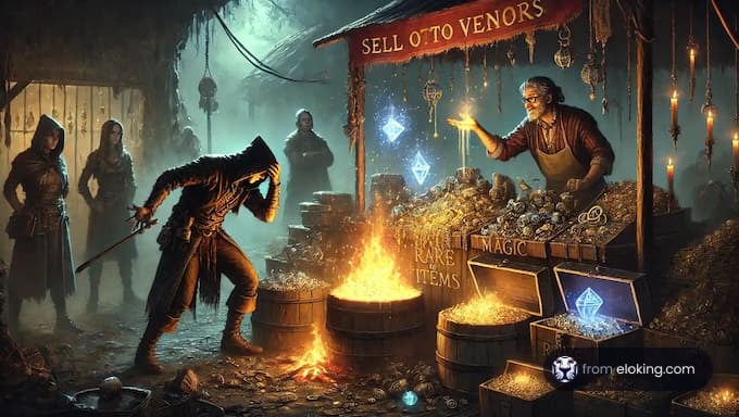 A mysterious vendor selling magical items in a fantasy market