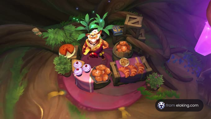 Una escena de mercado de fantasía caprichosa con un vendedor alegre rodeado de varios productos horneados.