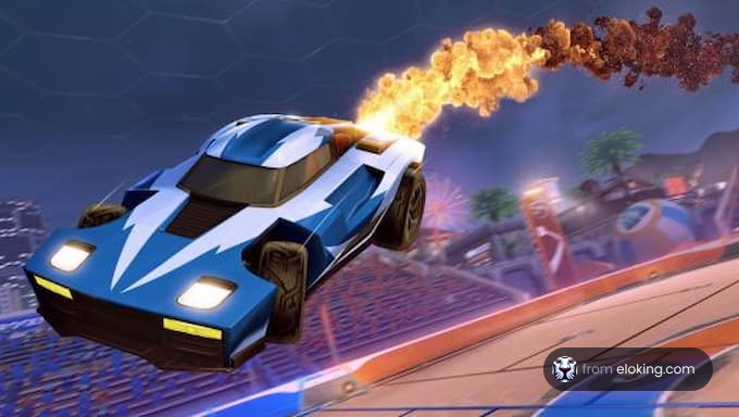 A fast flying racecar with flames coming out of the back