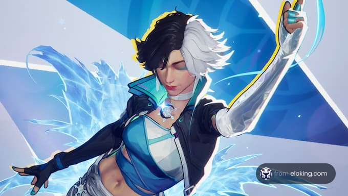 A female character striking a dynamic pose with blue energy effects.