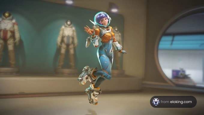 Colorful futuristic female character in a space suit floating in a spaceship